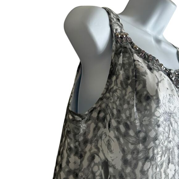 ECI Women Top 4 Metallic Silver Floral Rhinestone Neck Babydoll Disco‎ Glam Boho - Picture 7 of 11